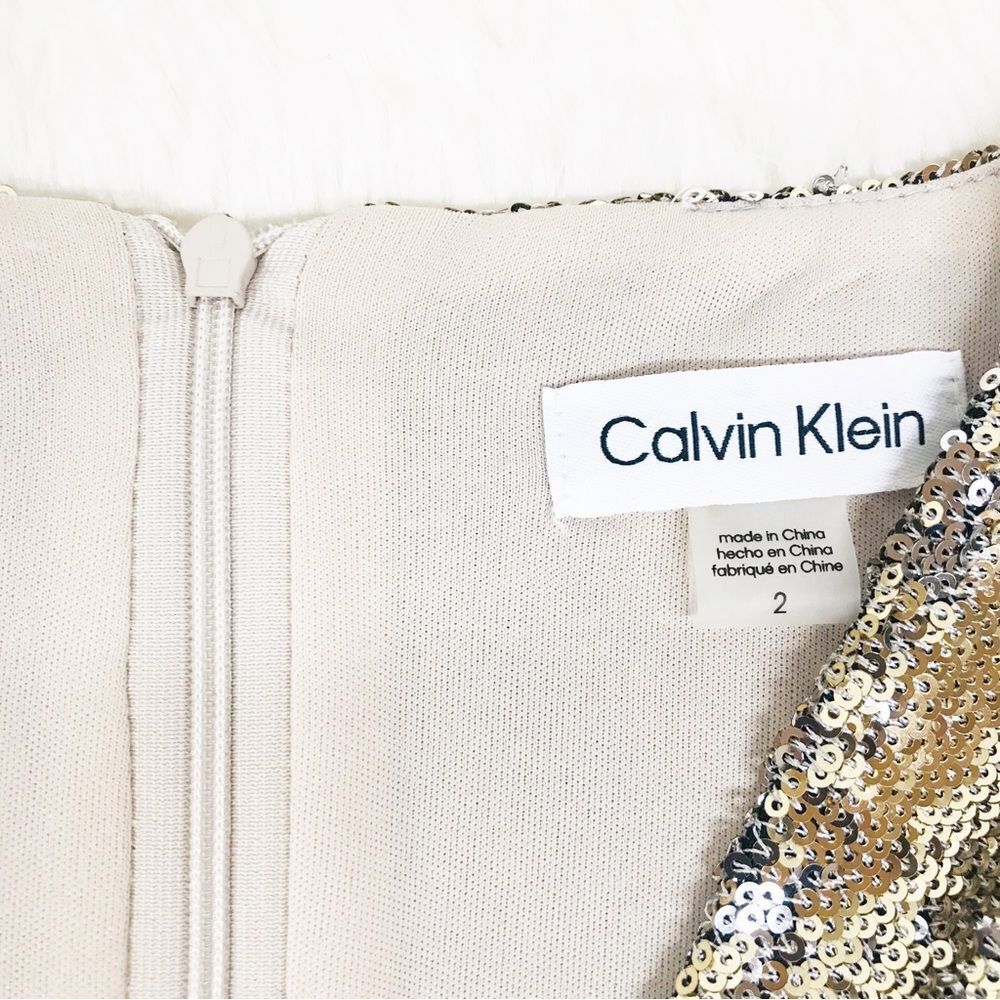 CALVIN KLEIN Gold Sequin Cocktail Dress Party Knee Length Faux Wrap Size 2 New - Picture 4 of 12